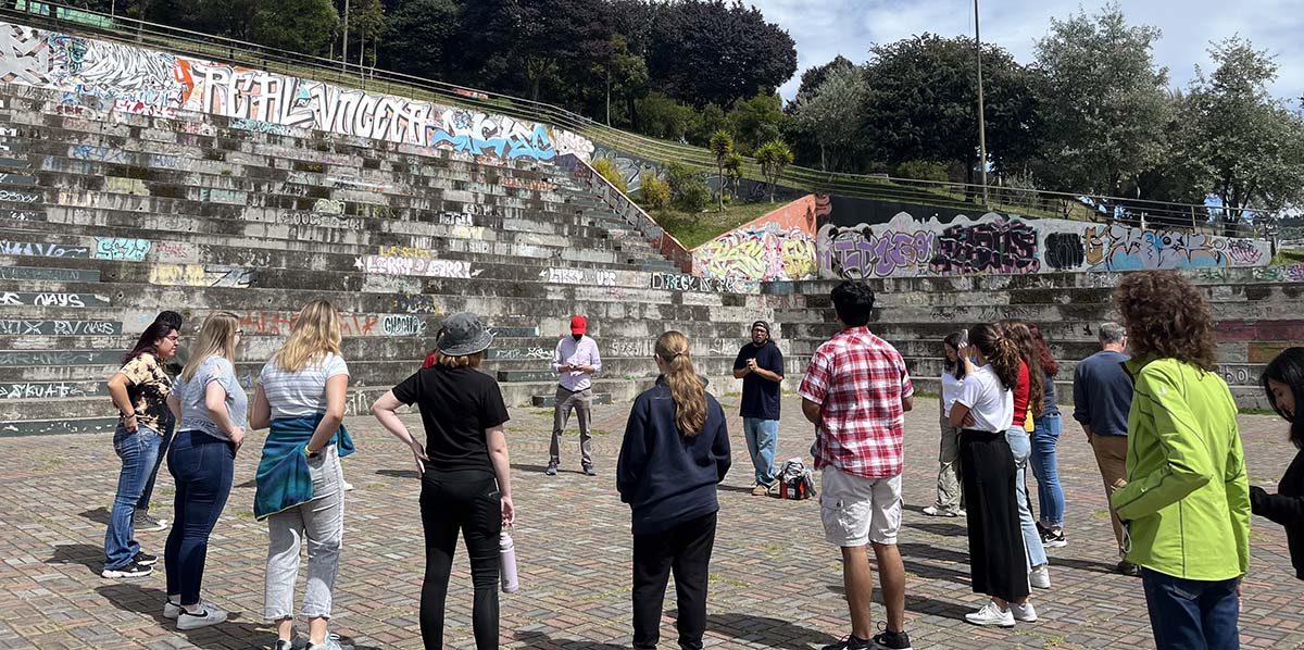 The First Year Global group in Ecuador at a skatepark.