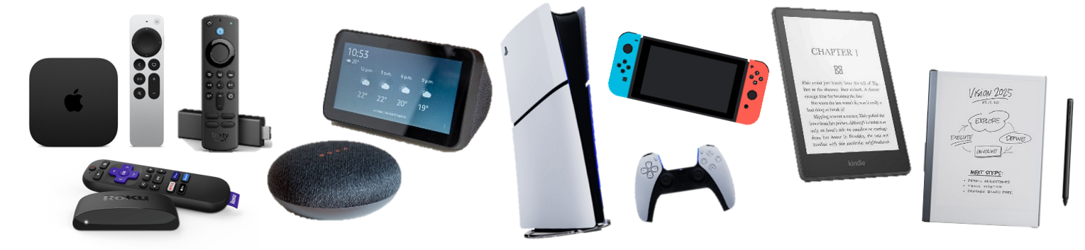 Image of streaming devices, gaming consoles, eReaders, and eInk tablets.