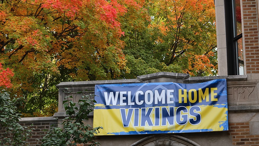 "Welcome home, Vikings" banner on campus