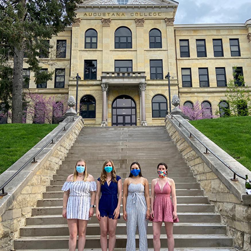 Patti and friends wear masks outside Old Main