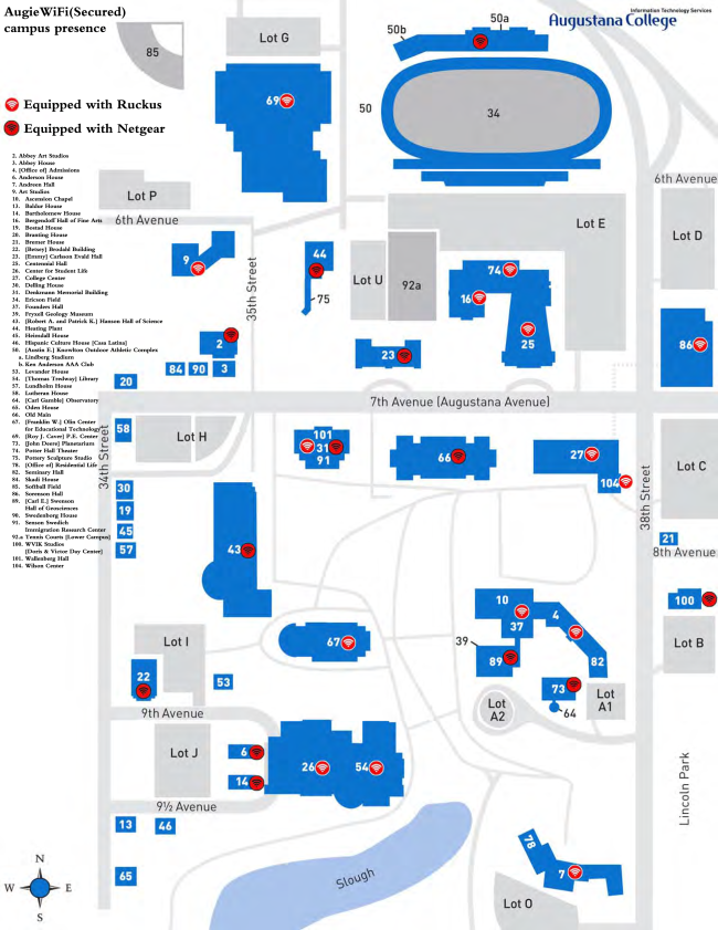 Map of the Wireless Access Points at Augustana. Shows where wireless access points are located and which brands are used.