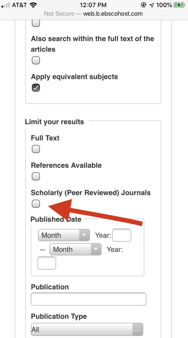 Use the database's tools to narrow to scholarly sources only.