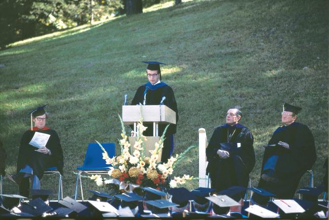 Thomas Tredway delivering his inaugural address in 1975.