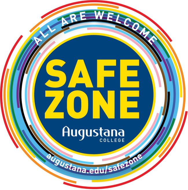 A circular graphic that says "All Are Welcome" at the top, "augustana.edu/safezone" at the bottom, and "Safe Zone" at the center