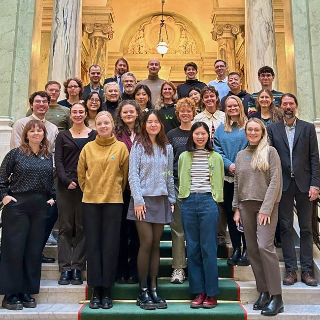 U.S. and Swedish Fulbright Scholars and Fulbright staff on steps at Swedish Parliament